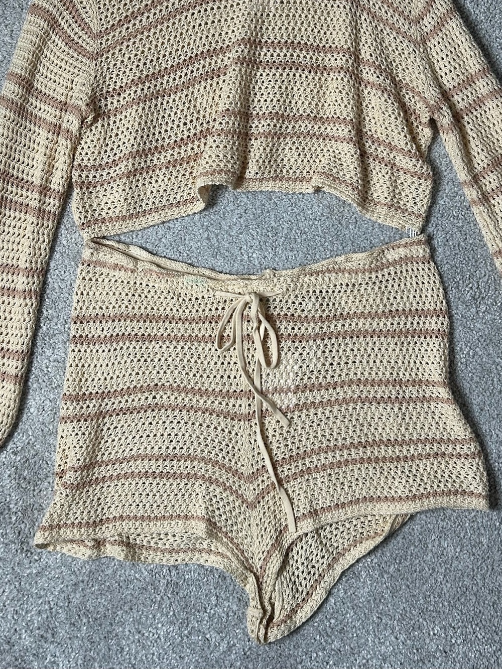 Free People Cream and Brown Crochet High Waist Shorts